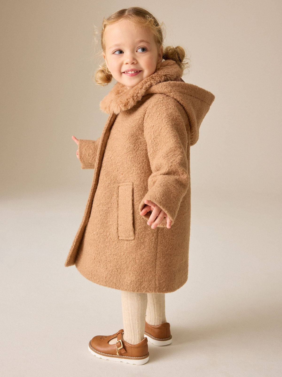 Camel Brown Faux Fur Collar Hooded Coat (3mths-7yrs)