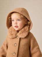 Camel Brown Faux Fur Collar Hooded Coat (3mths-7yrs)