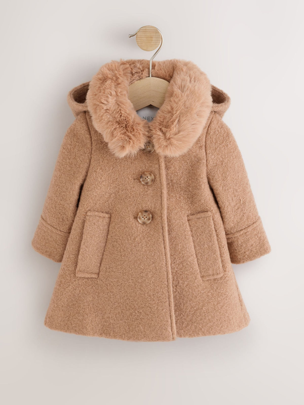 Camel Brown Faux Fur Collar Hooded Coat (3mths-7yrs)