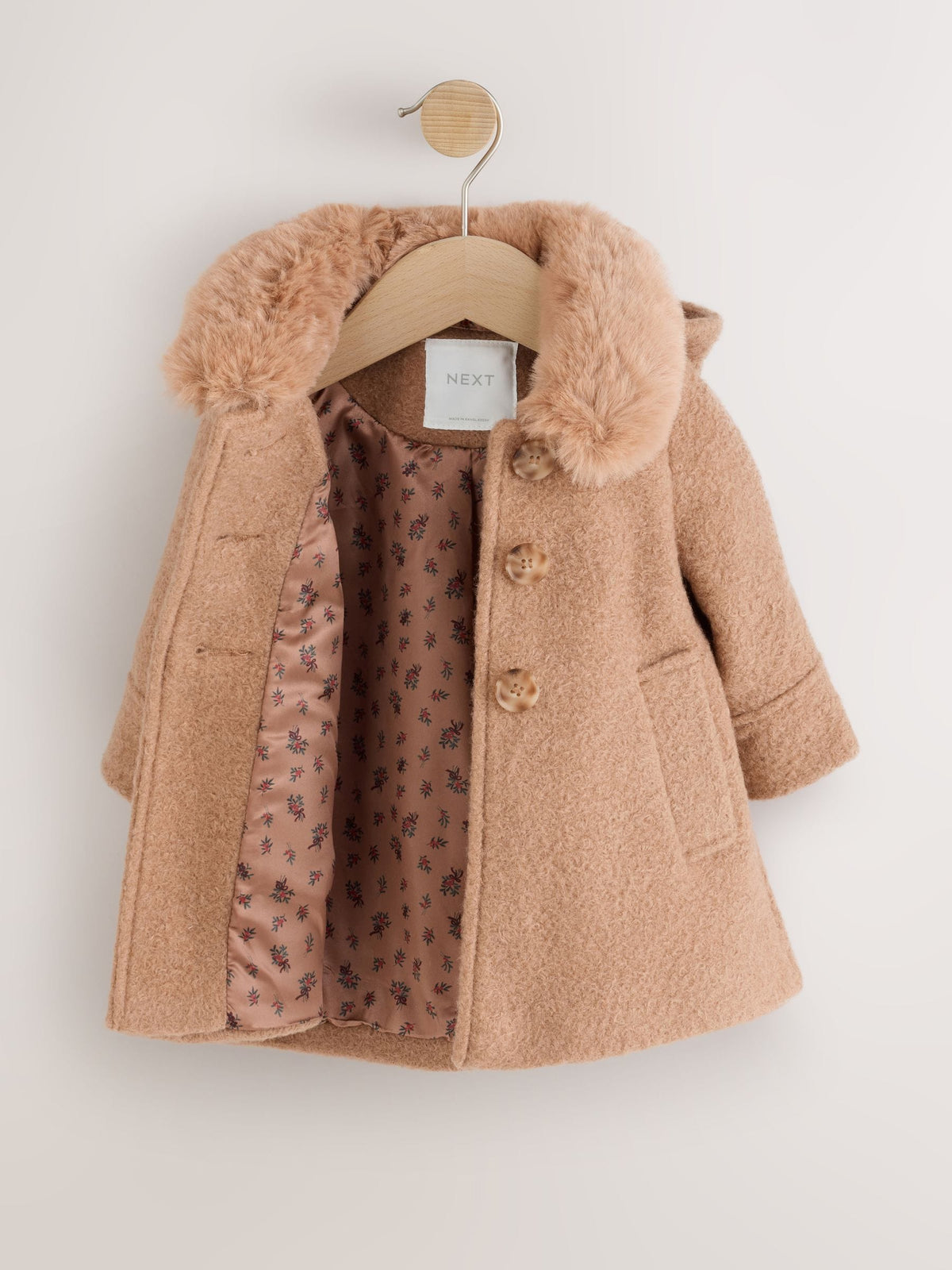 Camel Brown Faux Fur Collar Hooded Coat (3mths-7yrs)
