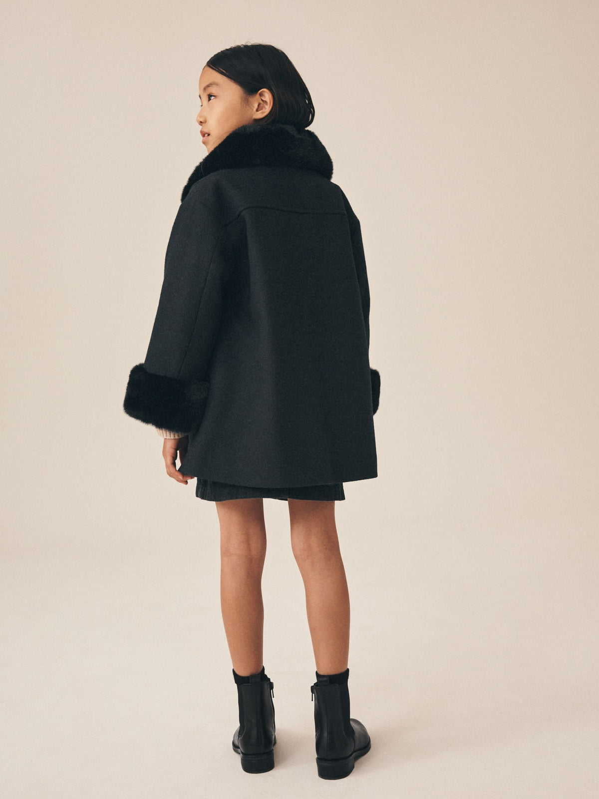 Black Faux Fur Trim Coat With Wool (3-16yrs)