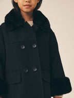 Black Faux Fur Trim Coat With Wool (3-16yrs)