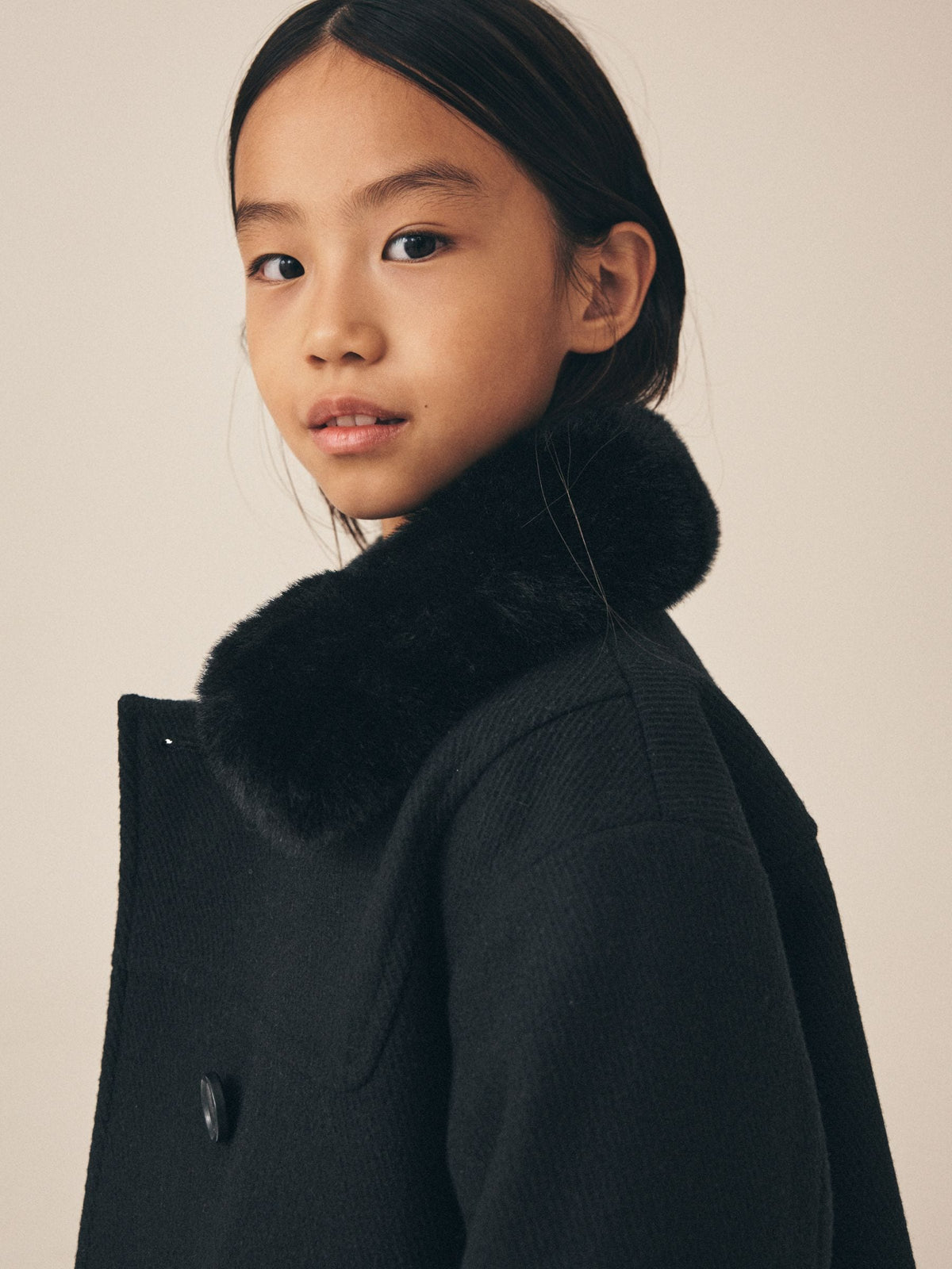 Black Faux Fur Trim Coat With Wool (3-16yrs)