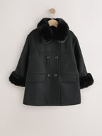 Black Faux Fur Trim Coat With Wool (3-16yrs)