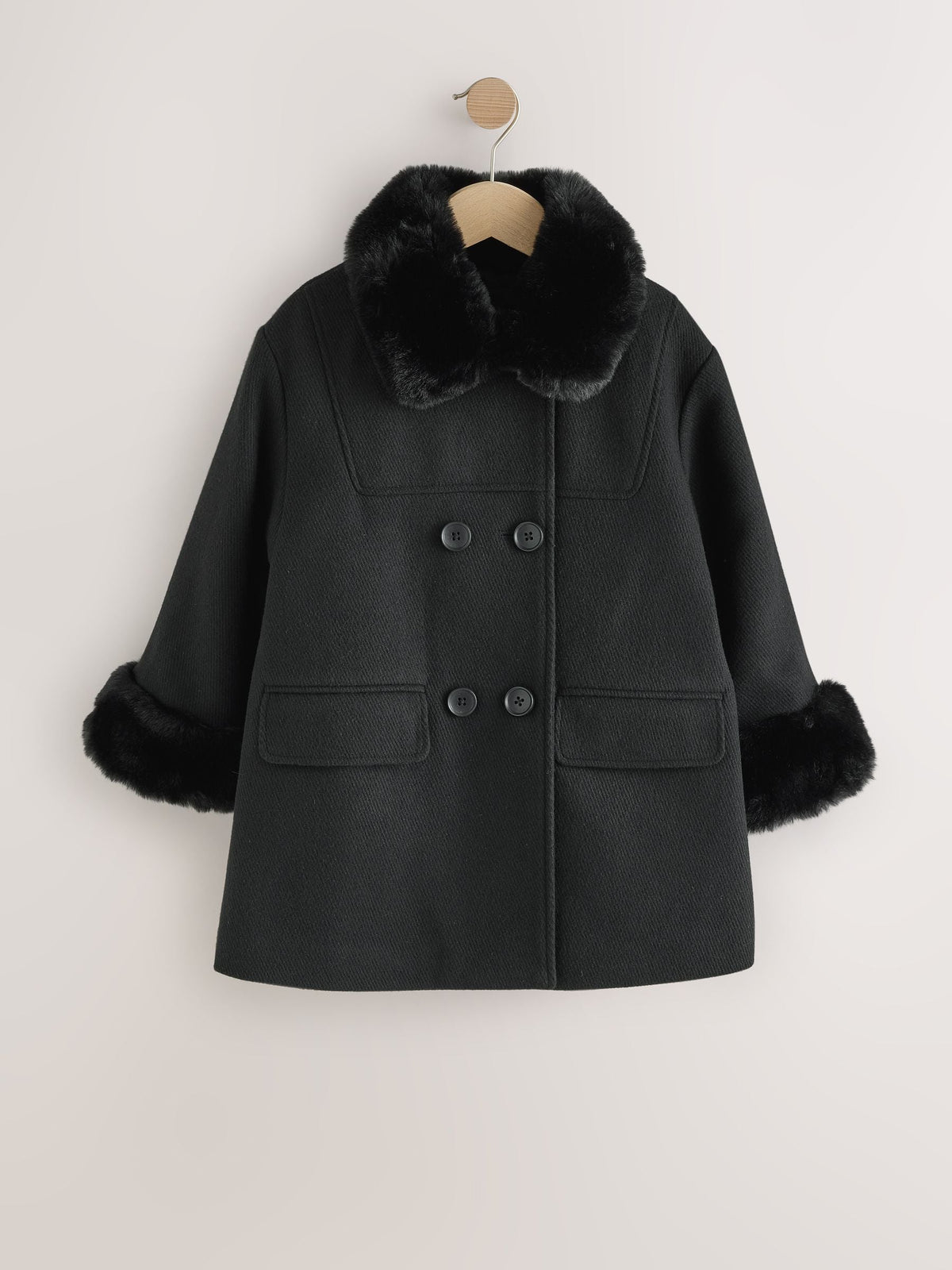 Black Faux Fur Trim Coat With Wool (3-16yrs)