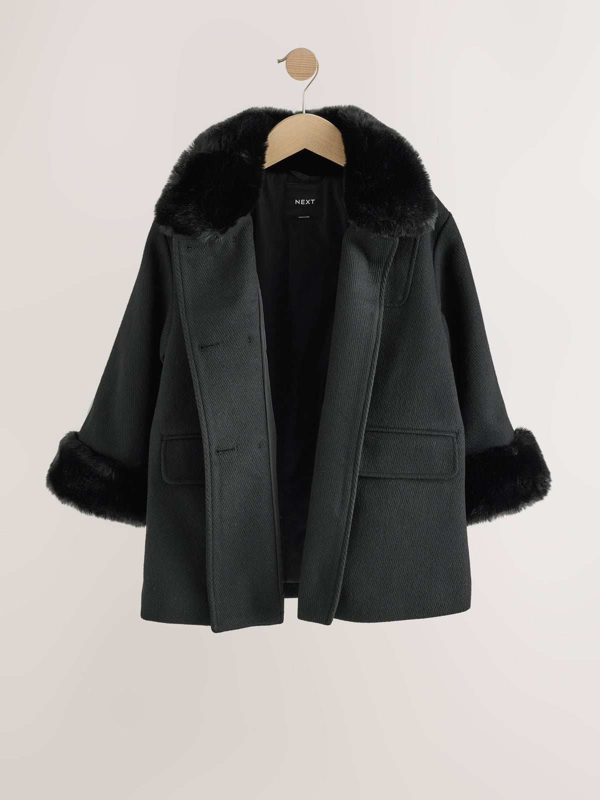 Black Faux Fur Trim Coat With Wool (3-16yrs)
