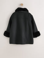 Black Faux Fur Trim Coat With Wool (3-16yrs)