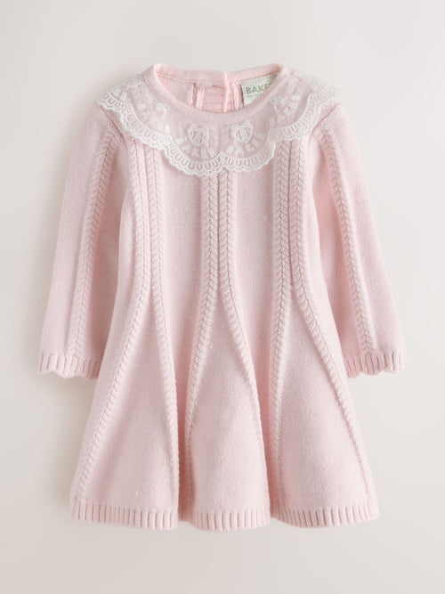 Baker by Ted Baker Pale Pink Organza Collar Knitted Dress with Tights