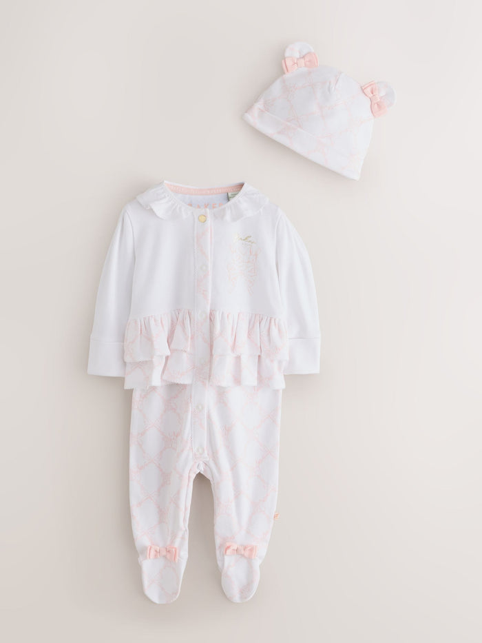 Baker by Ted Baker White/Pink Peplum Frill Sleepsuit & Hat Set