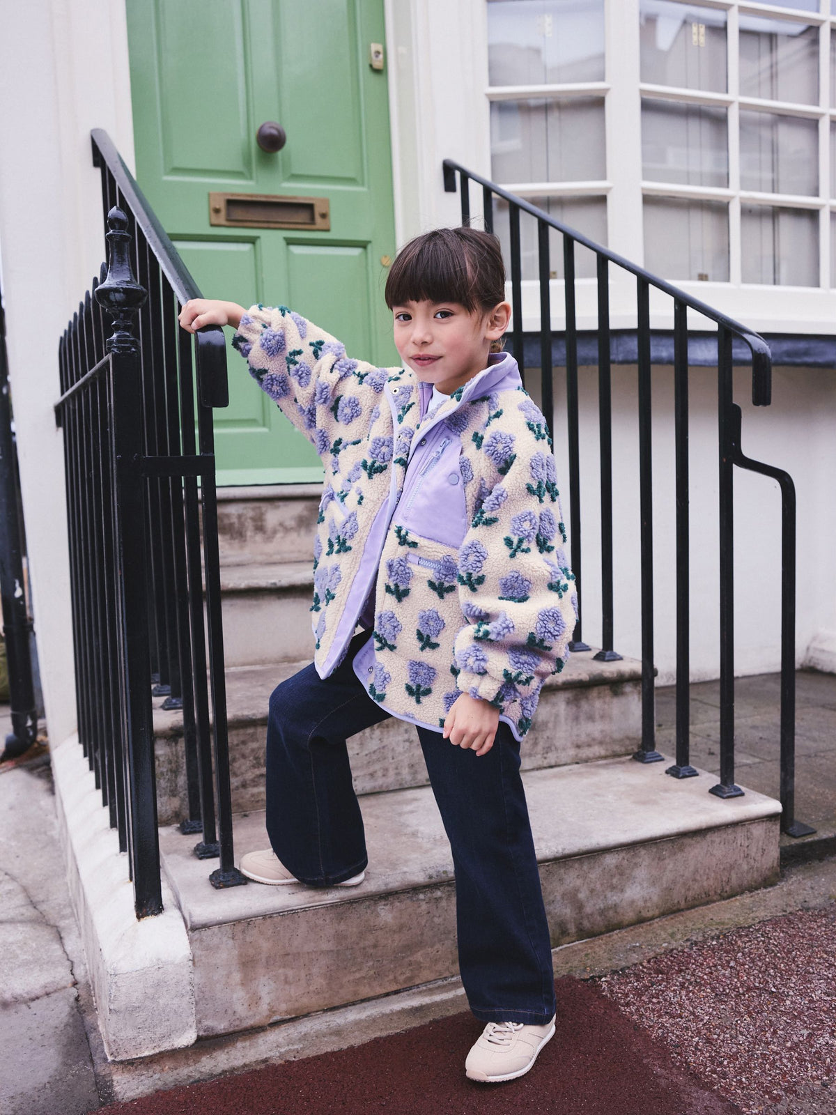 Blue/Cream Floral Button Up Borg Jacket (3-16yrs)