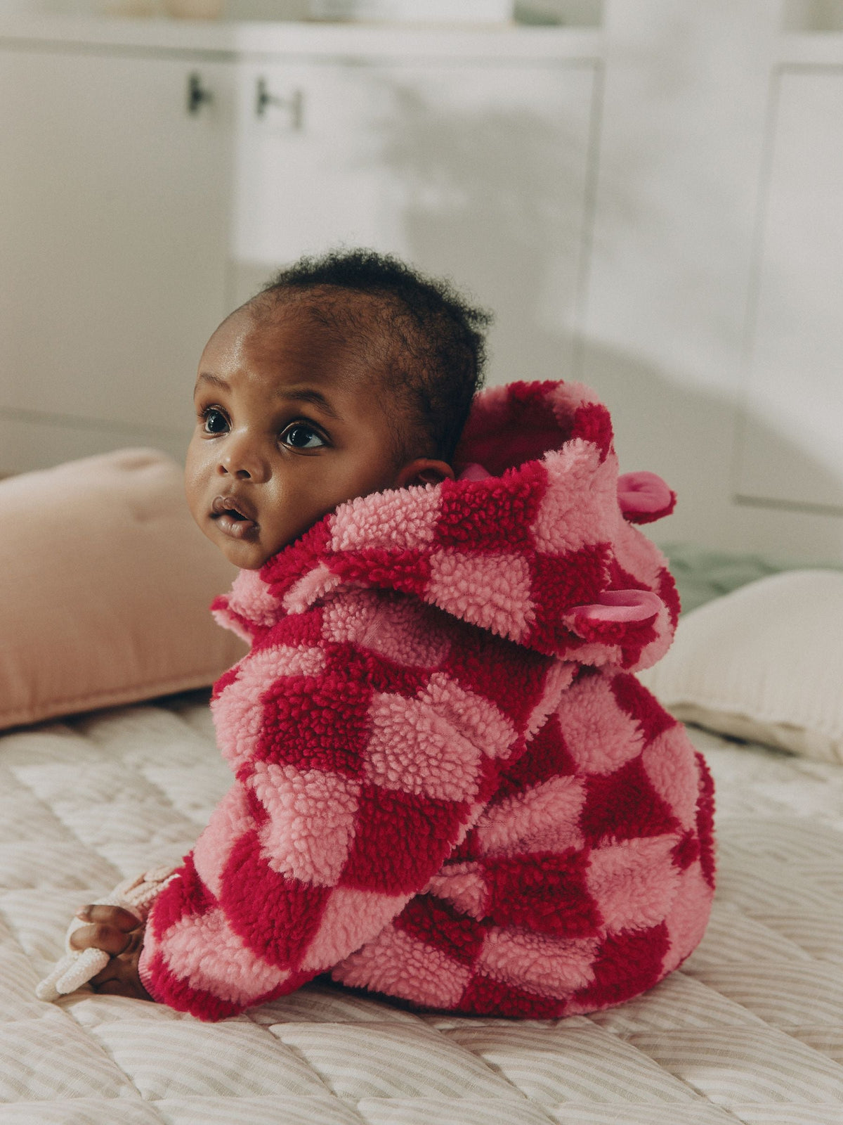 Pink and Red Checkerboard Borg Hooded Baby All-In-One (0mths-2yrs)