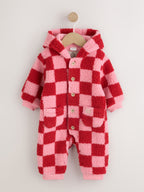 Pink and Red Checkerboard Borg Hooded Baby All-In-One (0mths-2yrs)