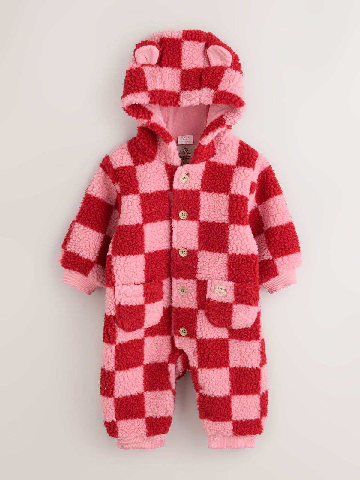 Pink and Red Checkerboard Borg Hooded Baby All-In-One (0mths-2yrs)
