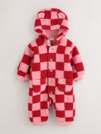 Pink and Red Checkerboard Borg Hooded Baby All-In-One (0mths-2yrs)