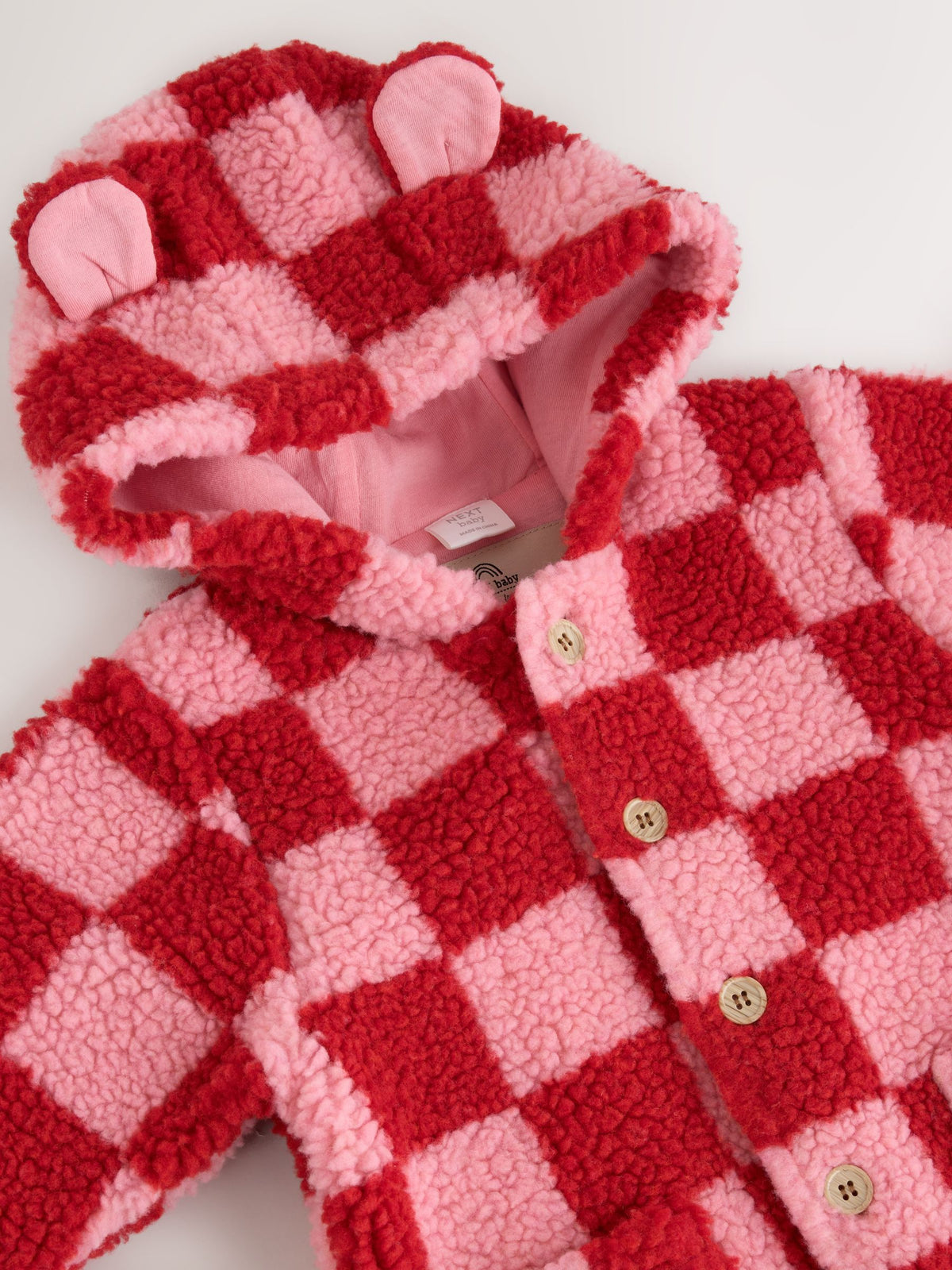 Pink and Red Checkerboard Borg Hooded Baby All-In-One (0mths-2yrs)