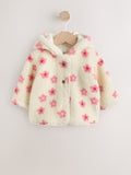 Ecru and Pink Floral Borg Deer Printed Hooded Jacket (0mths-2yrs)