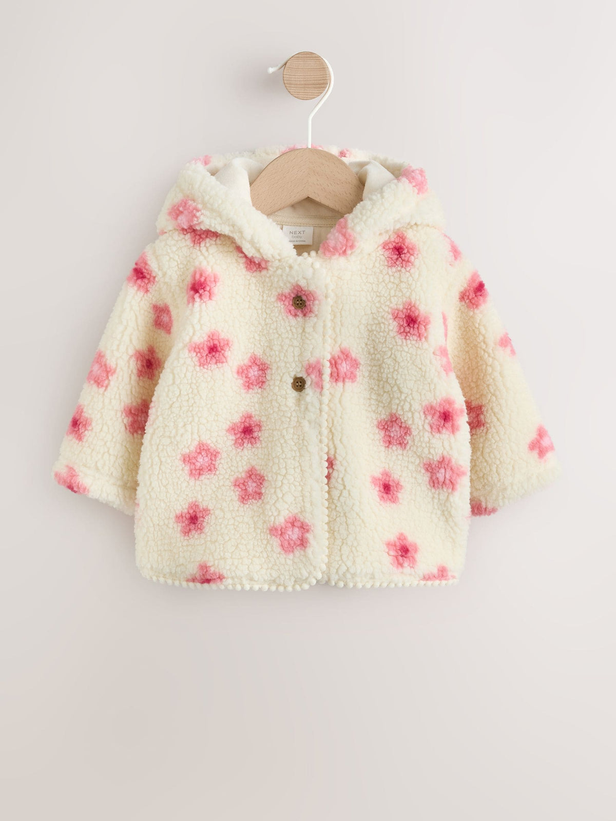 Ecru and Pink Floral Borg Deer Printed Hooded Jacket (0mths-2yrs)