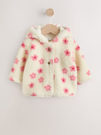 Ecru and Pink Floral Borg Deer Printed Hooded Jacket (0mths-2yrs)
