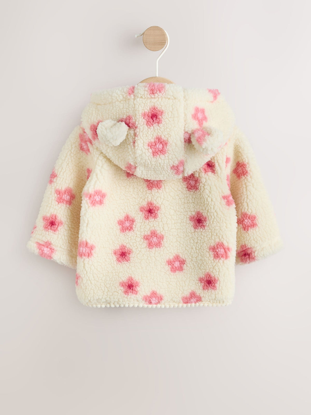 Ecru and Pink Floral Borg Deer Printed Hooded Jacket (0mths-2yrs)