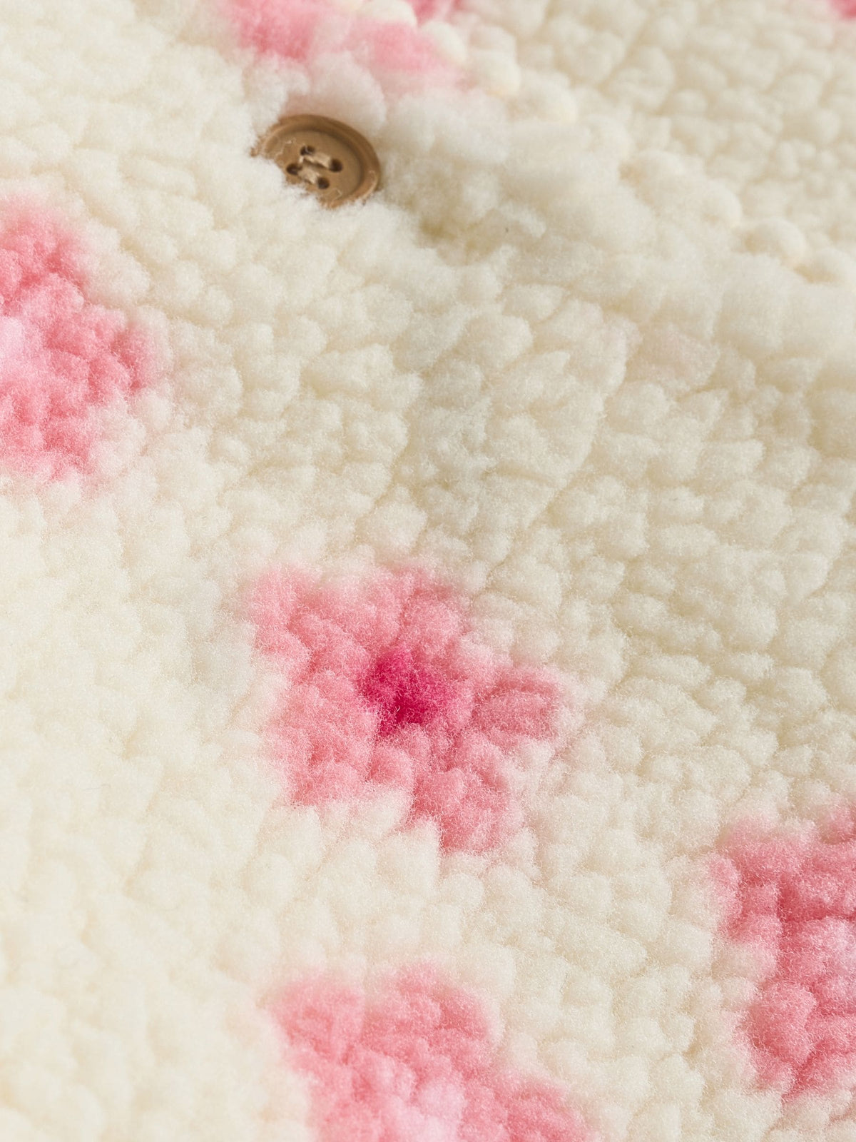 Ecru and Pink Floral Borg Deer Printed Hooded Jacket (0mths-2yrs)
