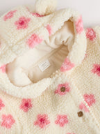 Ecru and Pink Floral Borg Deer Printed Hooded Jacket (0mths-2yrs)