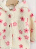 Ecru and Pink Floral Borg Deer Printed Hooded Jacket (0mths-2yrs)