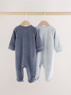 Blue Velour Two Way Zip Baby Sleepsuits 2 Pack (0mths-2yrs)