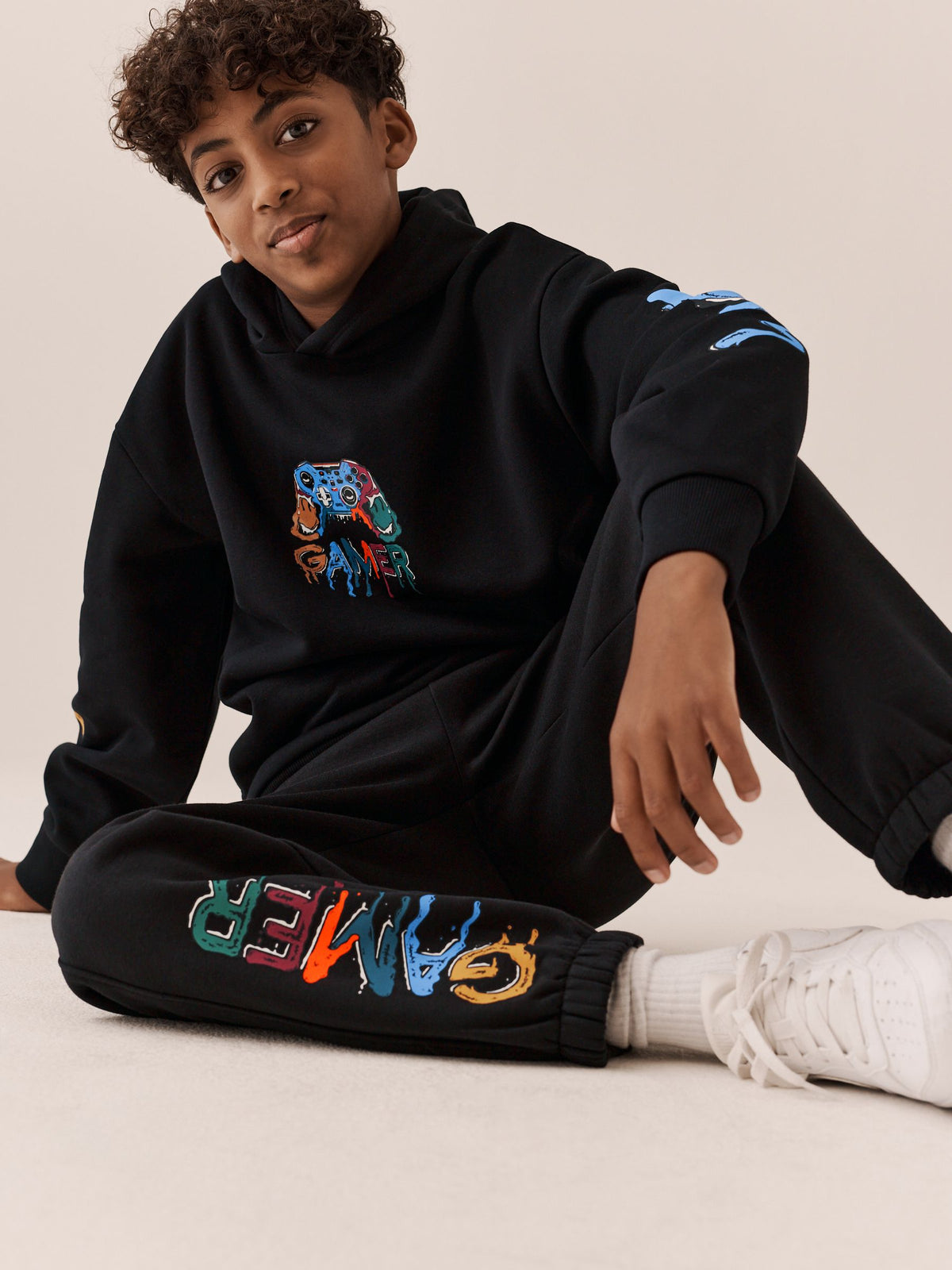 Black Gamer Regular Fit Print Hoodie Joggers Set (3-16yrs)