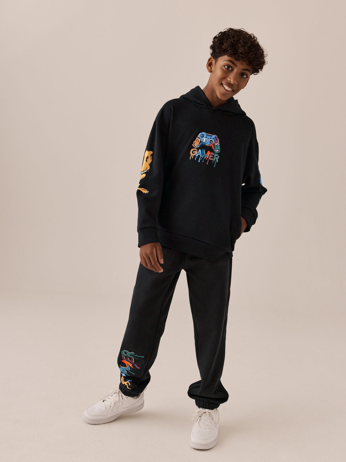 Black Gamer Regular Fit Print Hoodie Joggers Set (3-16yrs)