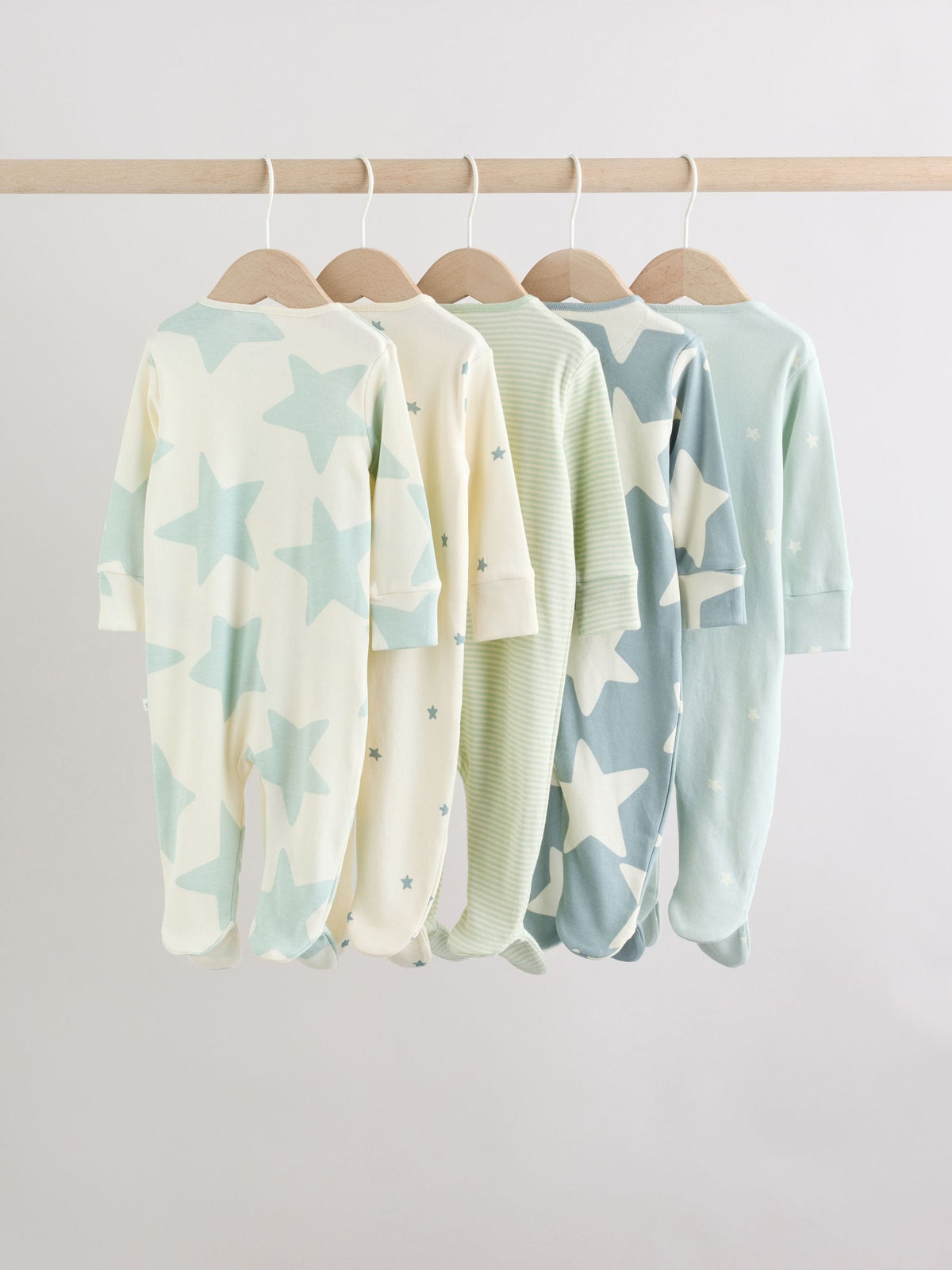 Green Star Two Way Zip Baby Sleepsuits 5 Pack (0-2yrs)