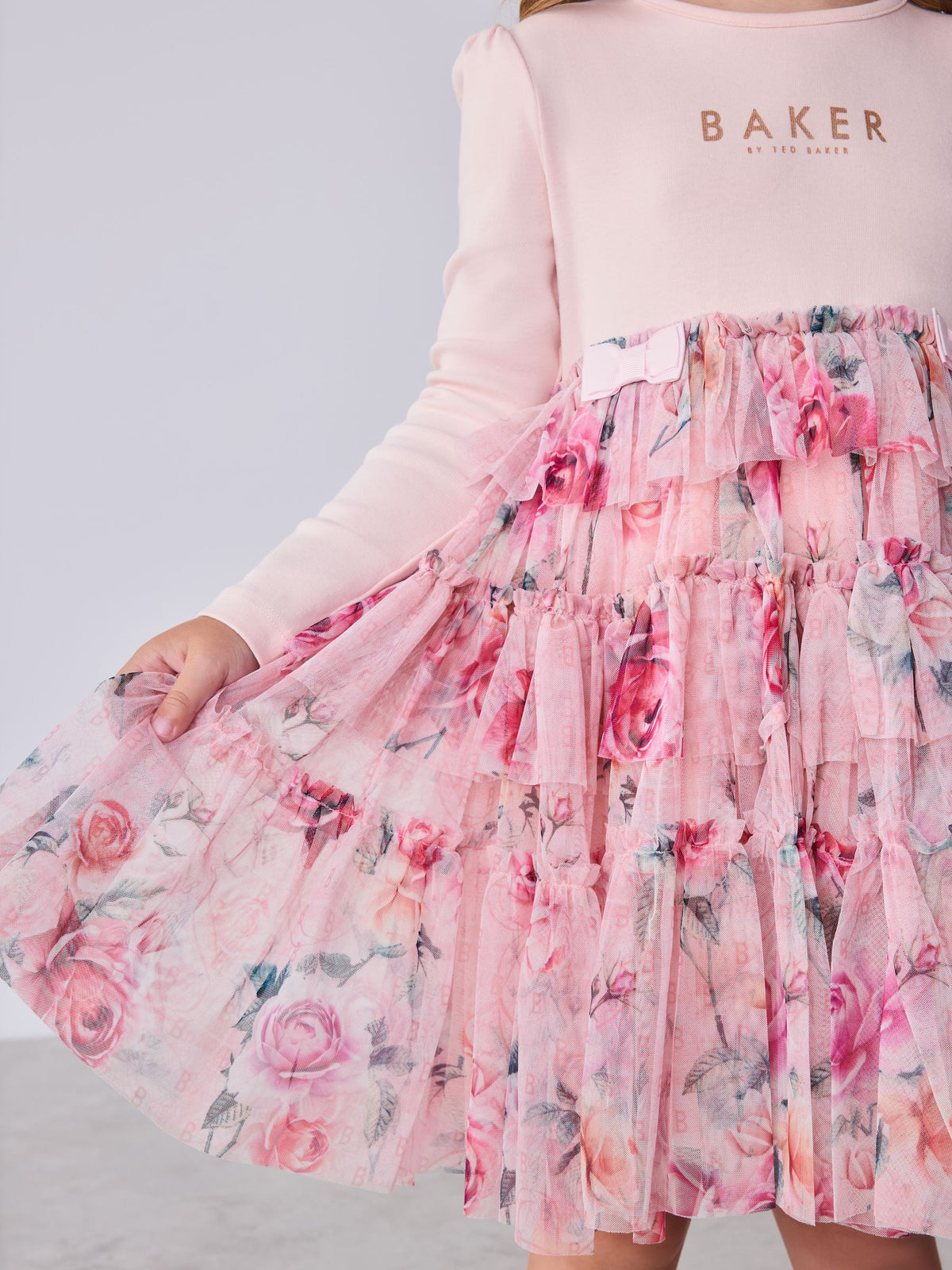 Baker by Ted Baker Pink Floral Tiered Mesh Mockable Dress