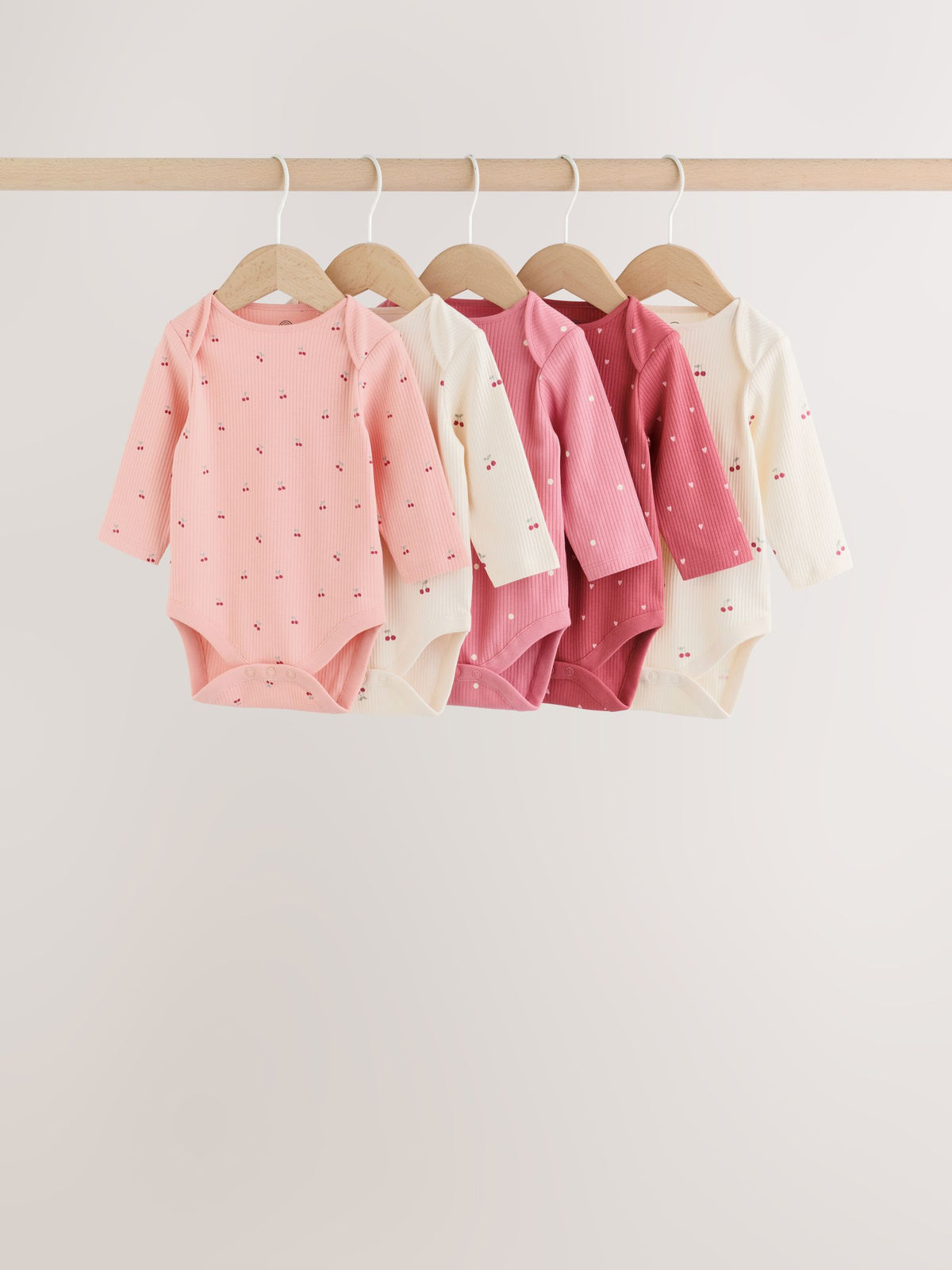 Pink Cherry Print 5 Pack Long Sleeve Baby Bodysuit