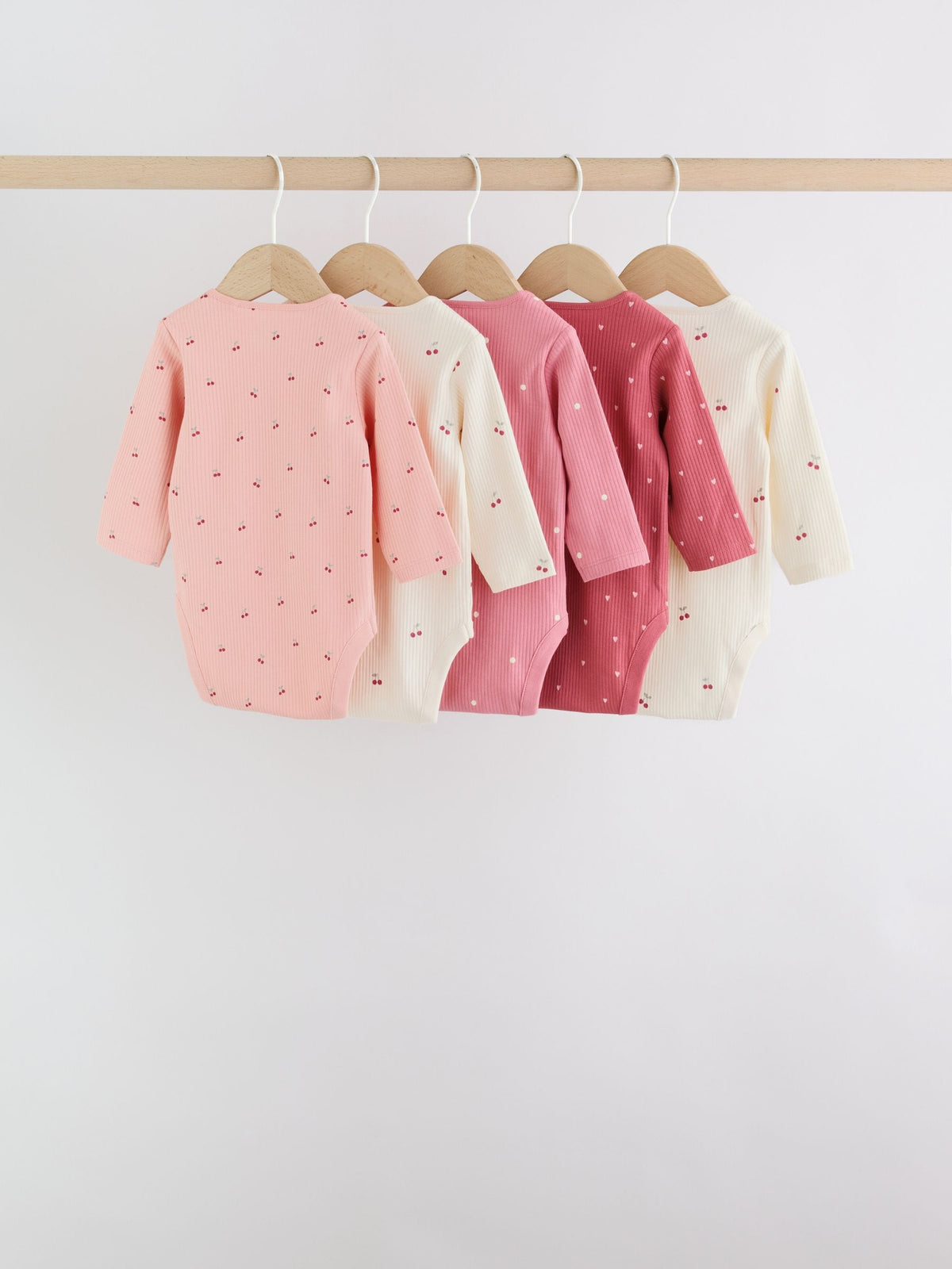 Pink Cherry Print 5 Pack Long Sleeve Baby Bodysuit