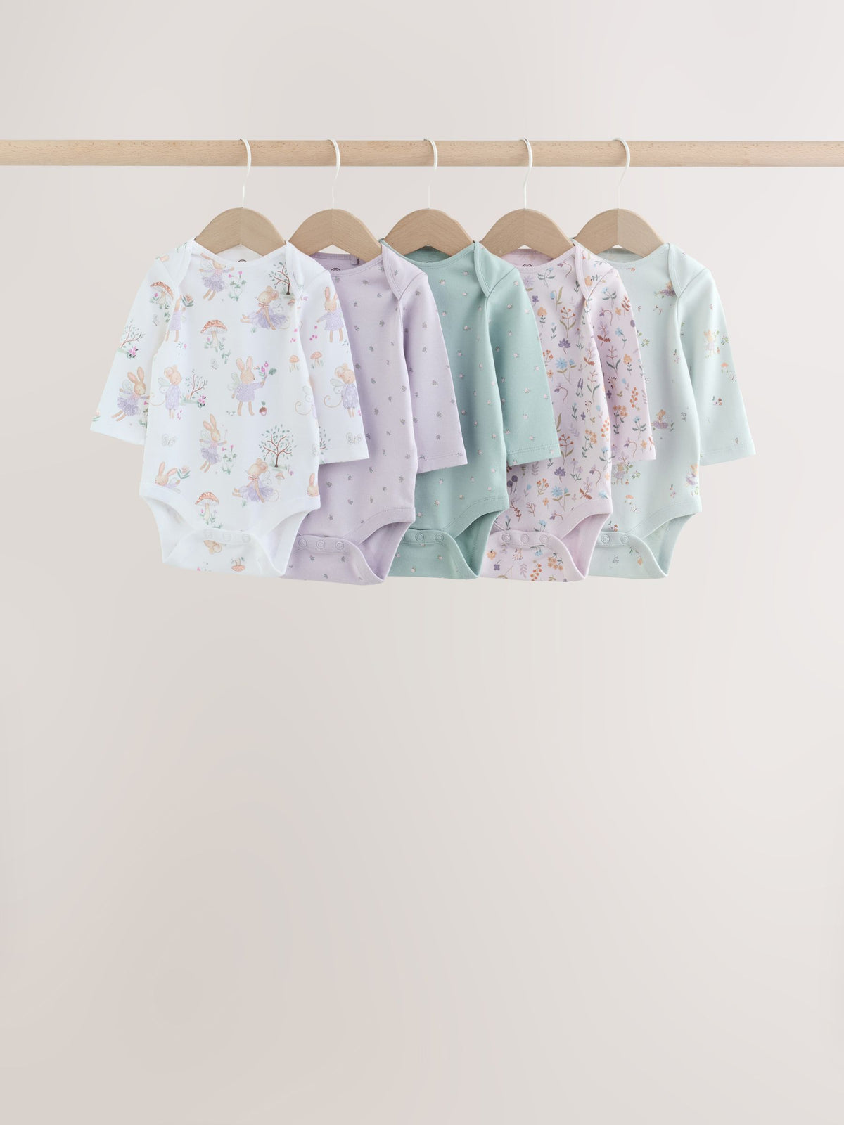 Lilac/Sage Fairy Mouse Long Sleeve Baby Bodysuits 5 Pack