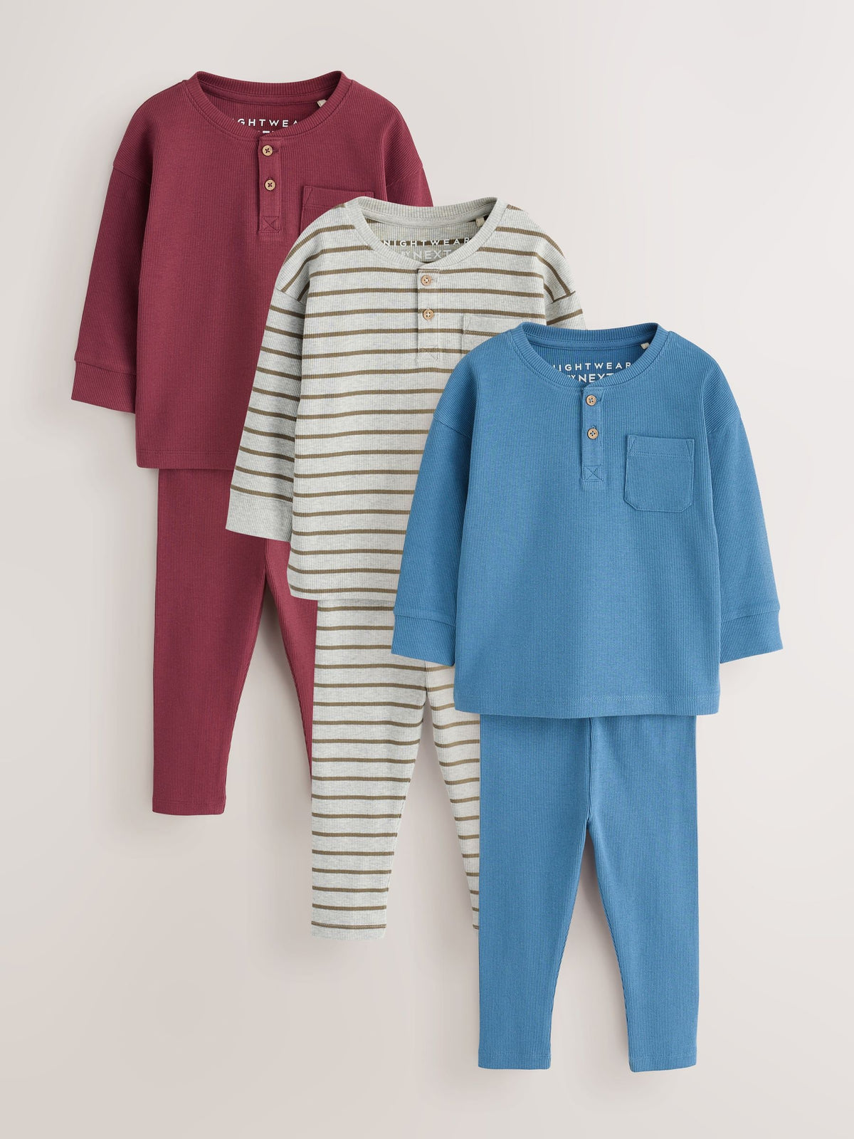 Blue/Grey/Maroon Snuggle Pyjamas Set 3 Pack (9mths-12yrs)