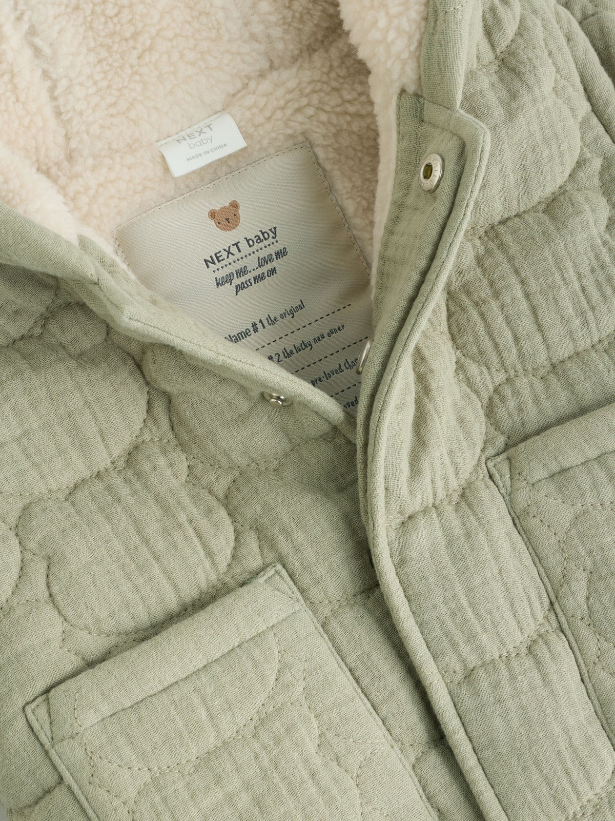 Sage Green Crinkle Bear Face Quilted Baby Jacket (0mths-2yrs)