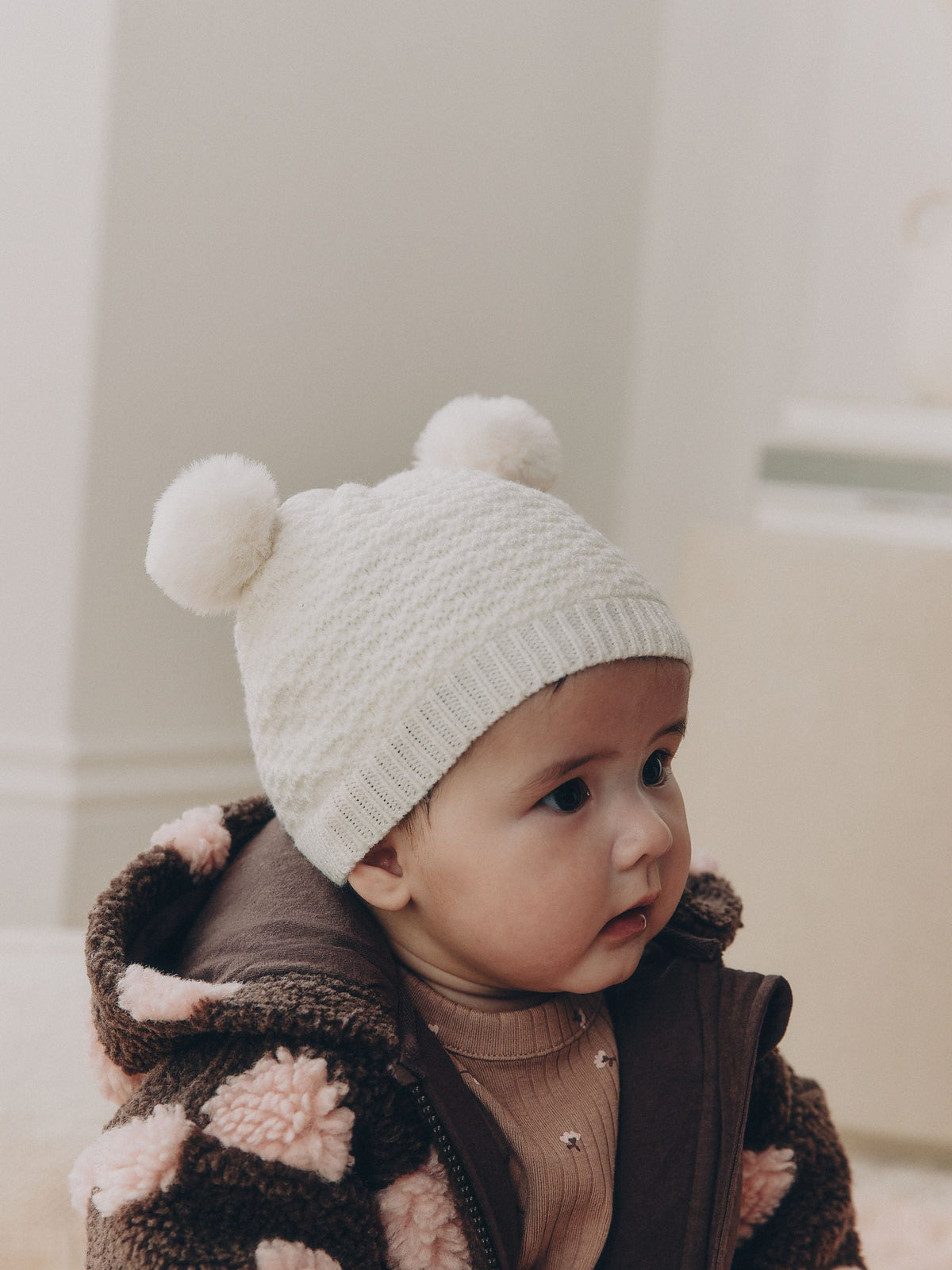 White Pointelle Double Pom Baby Beanie