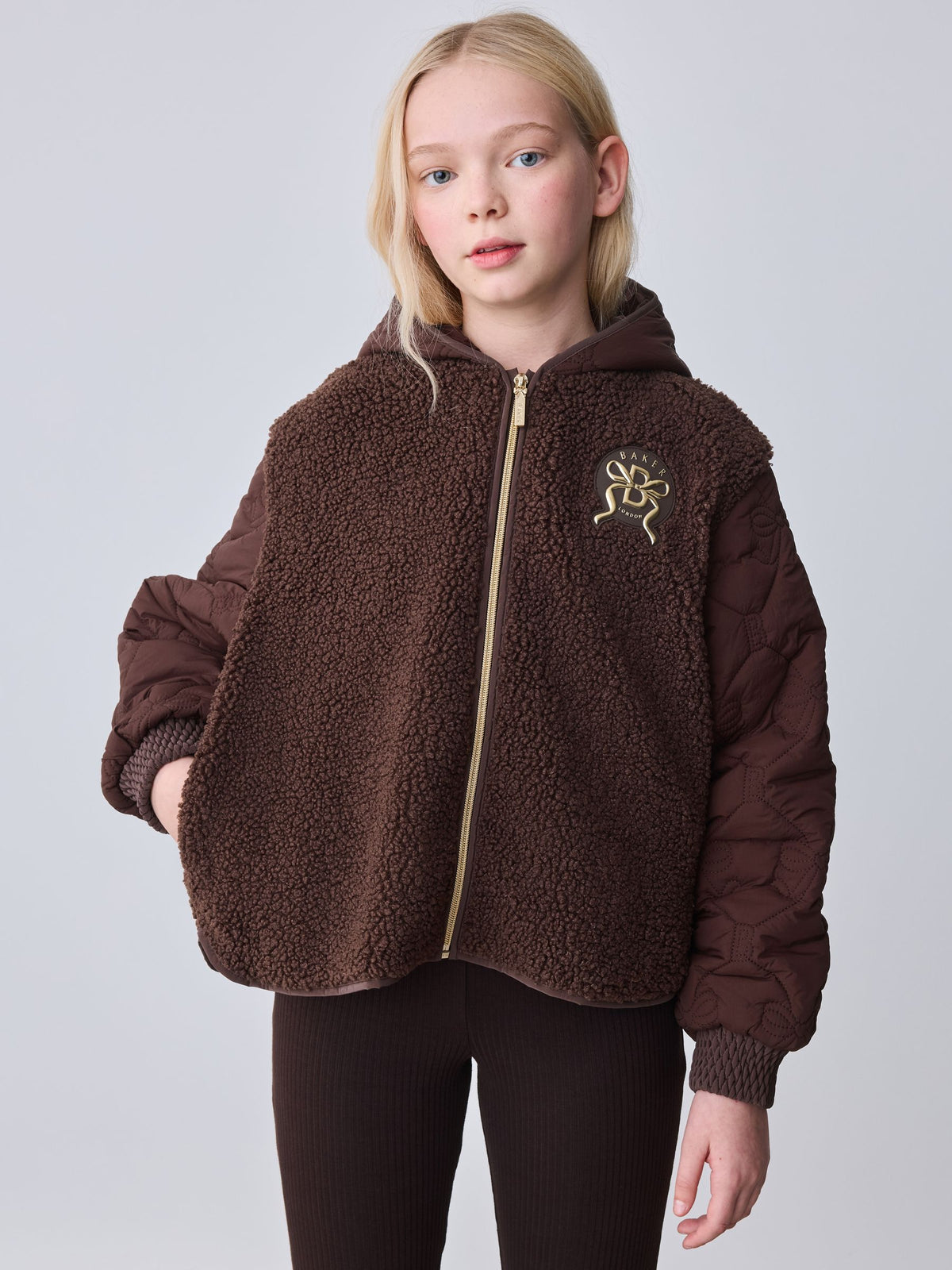 Baker by Ted Baker Brown Borg Fleece & Nylon Mix Hooded Jacket