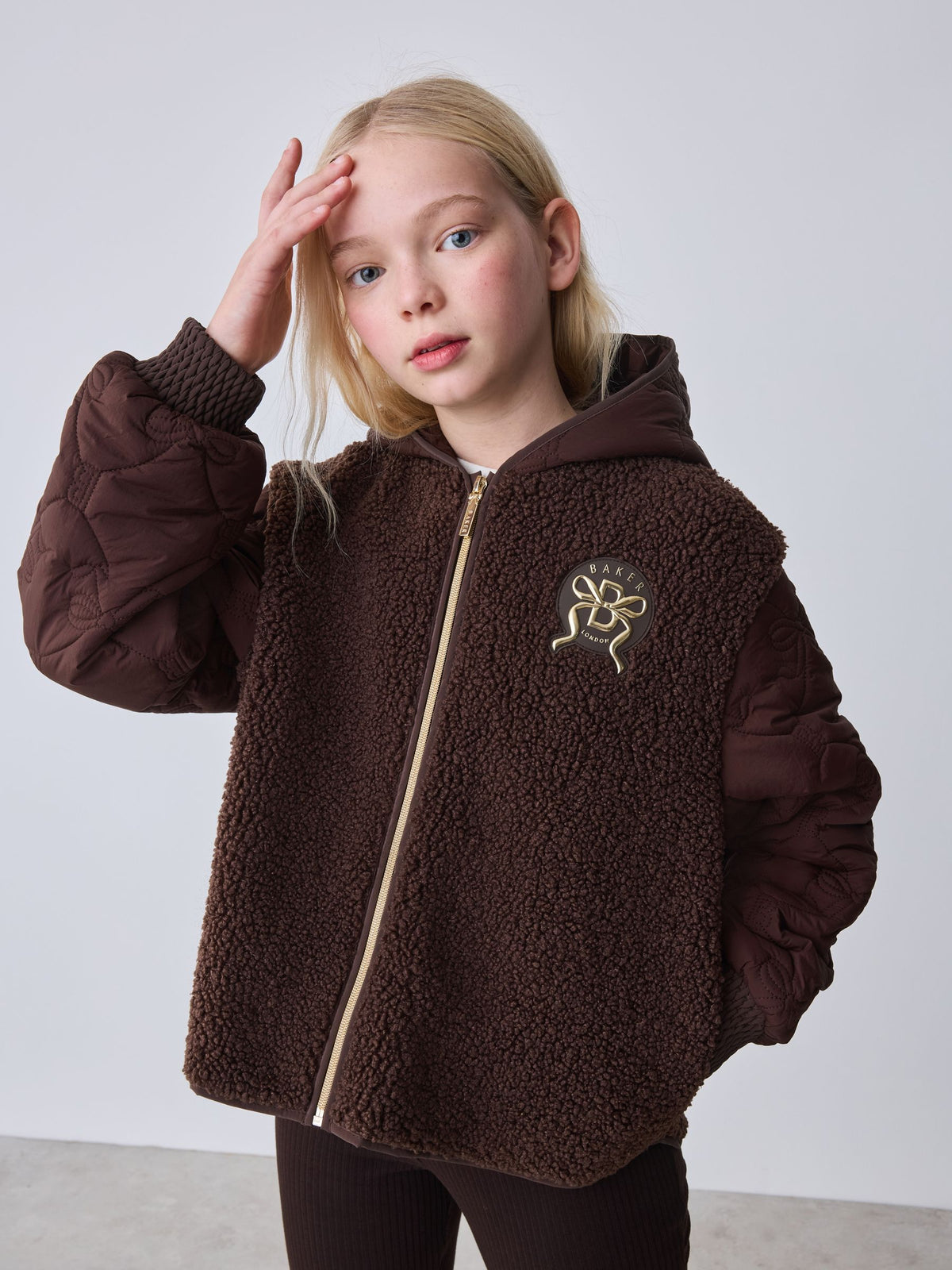 Baker by Ted Baker Brown Borg Fleece & Nylon Mix Hooded Jacket