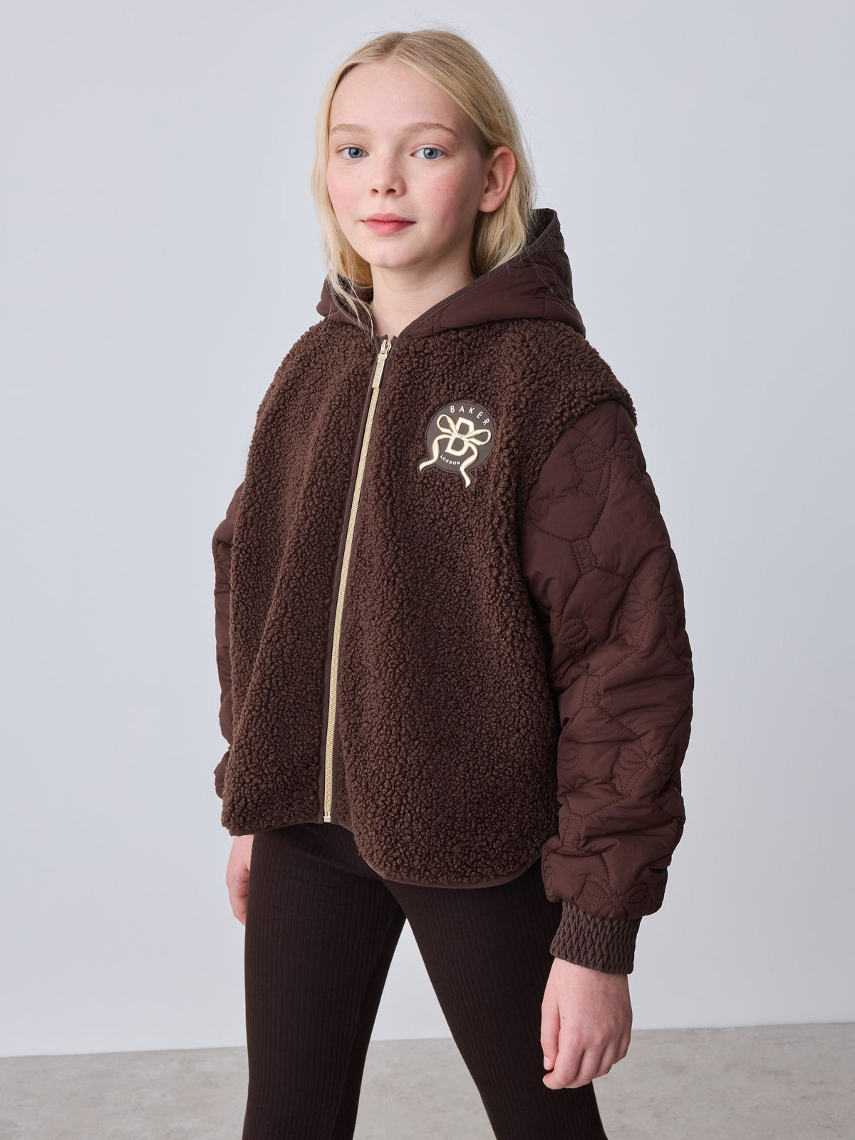 Baker by Ted Baker Brown Borg Fleece & Nylon Mix Hooded Jacket