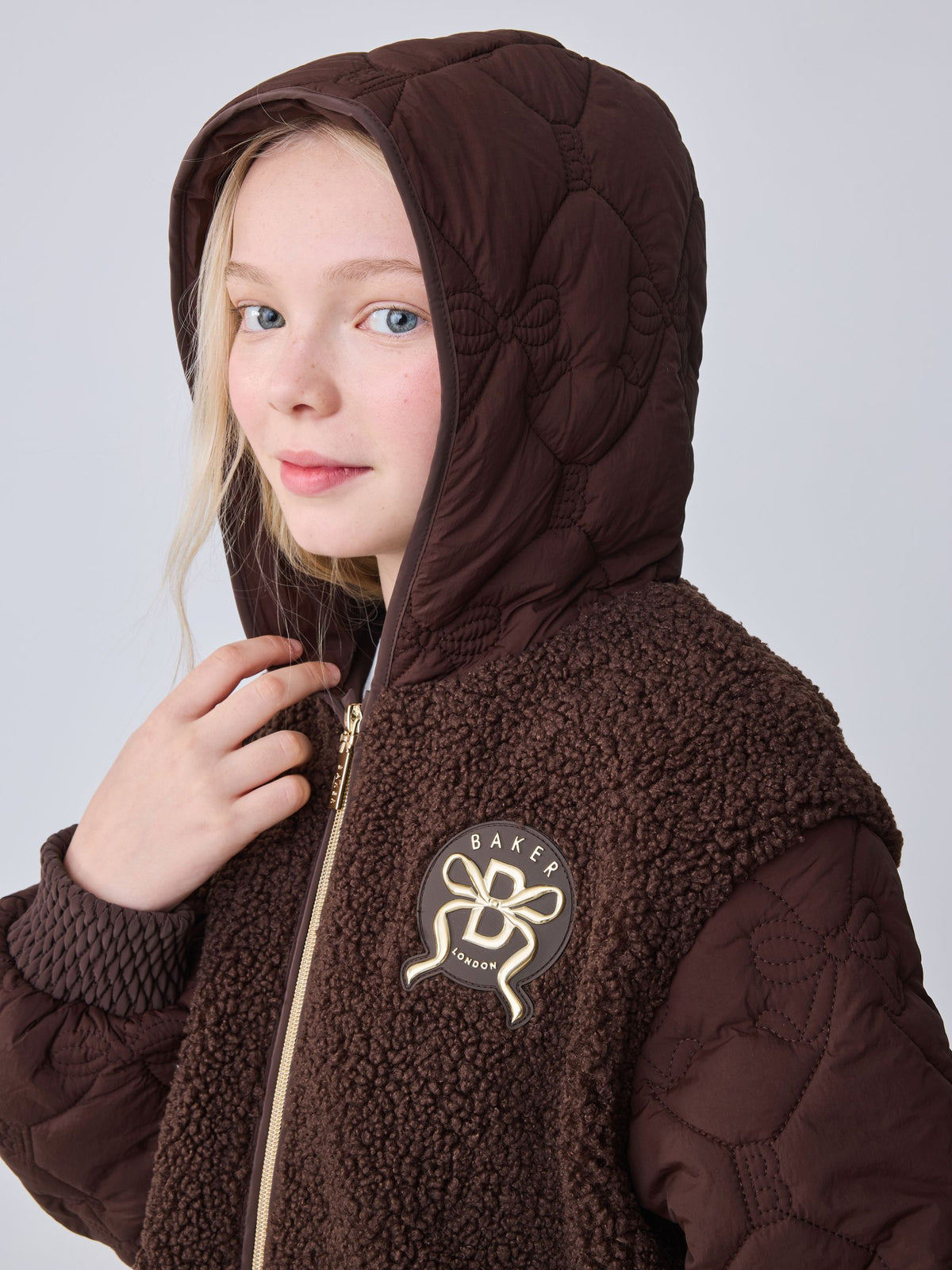 Baker by Ted Baker Brown Borg Fleece & Nylon Mix Hooded Jacket