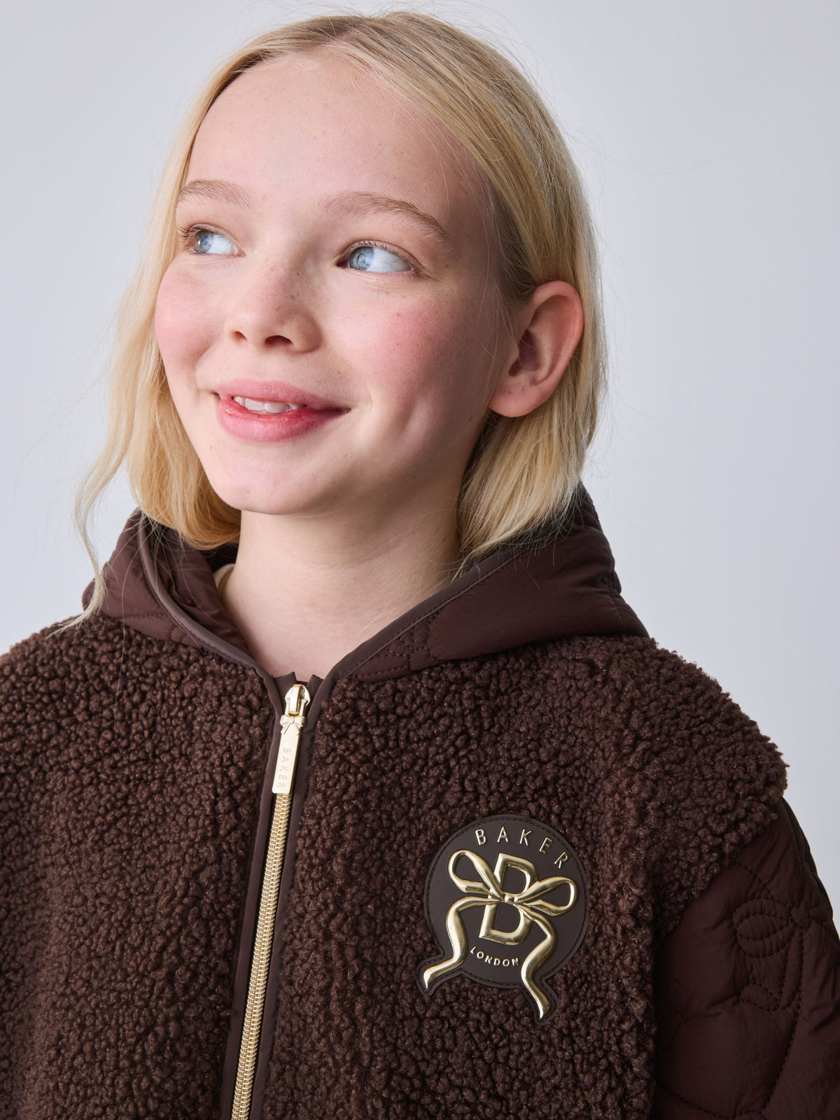 Baker by Ted Baker Brown Borg Fleece & Nylon Mix Hooded Jacket
