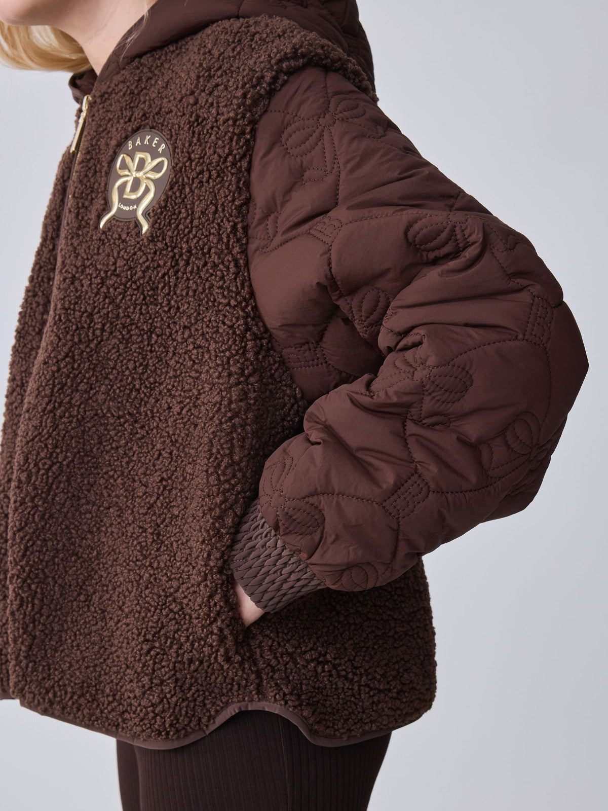 Baker by Ted Baker Brown Borg Fleece & Nylon Mix Hooded Jacket