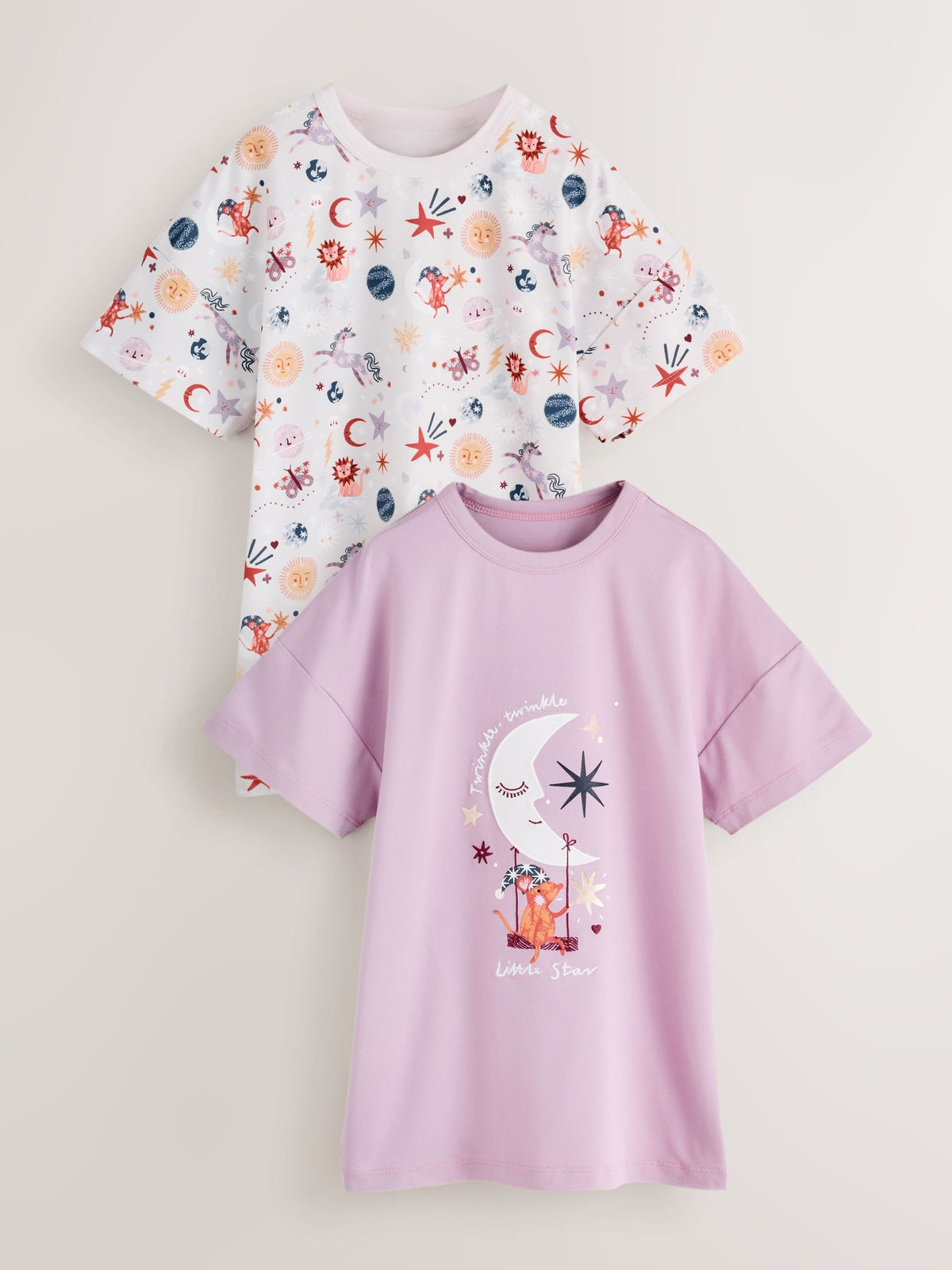 Pink/Cream Star/Moon Print Nighties 2 Pack (2-16yrs)