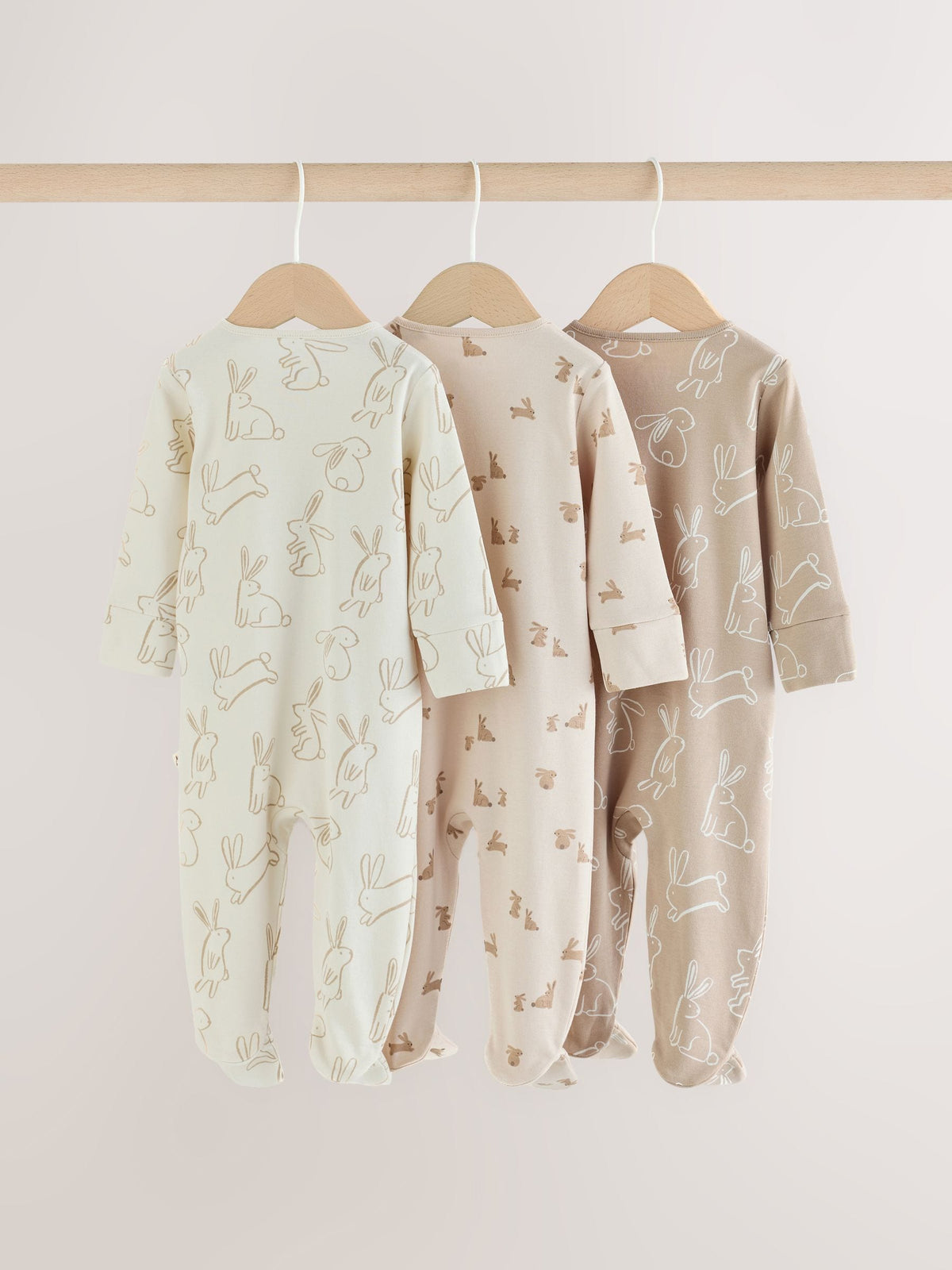 Neutral Bunny Two Way Zip Baby Sleepsuits 3 Pack (0mths-2yrs)