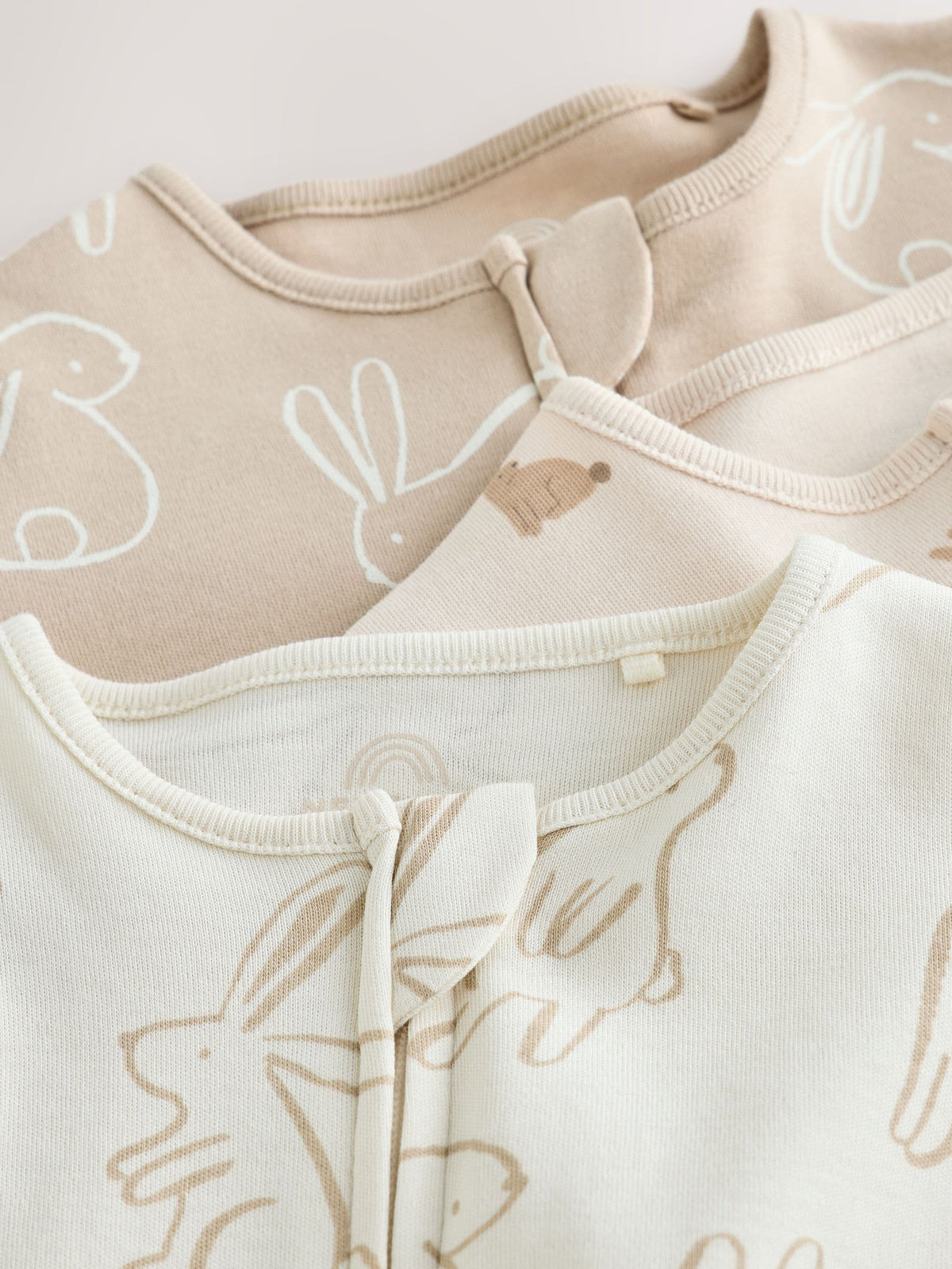 Neutral Bunny Two Way Zip Baby Sleepsuits 3 Pack (0mths-2yrs)