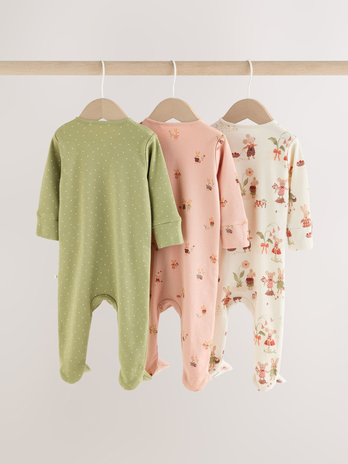 Pink/Green Bunny Wrap Baby Sleepsuits 3 Pack (0mths-3yrs)