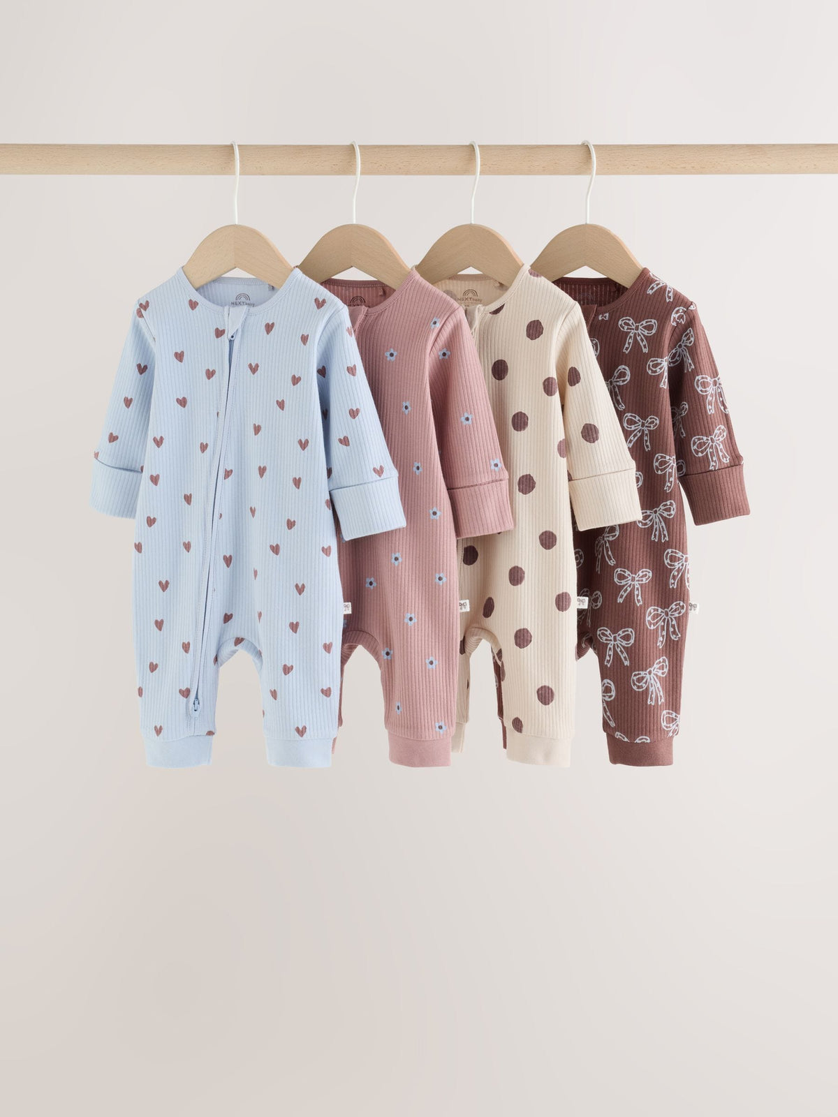 Brown/Blue Heart Two-Way Zip Baby Sleepsuits 4 Pack (0mths-3yrs)