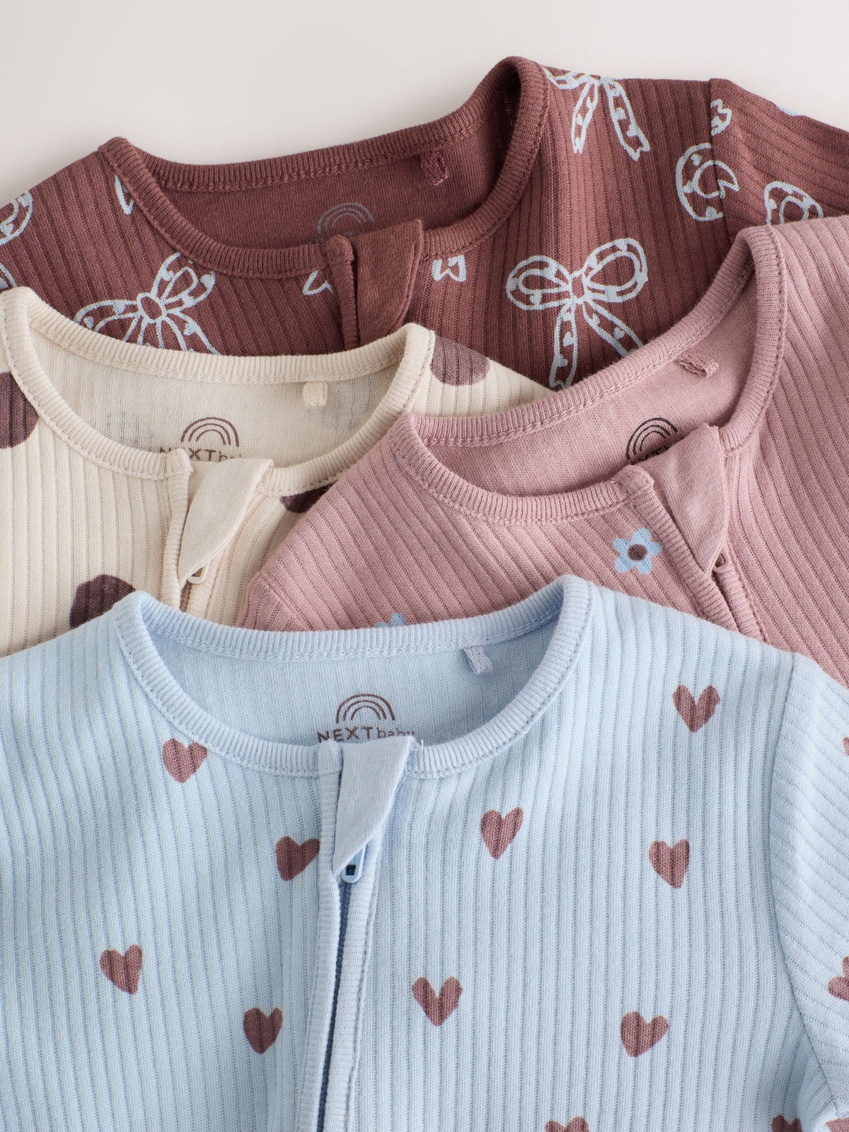 Brown/Blue Heart Two-Way Zip Baby Sleepsuits 4 Pack (0mths-3yrs)