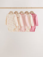 Ecru/Pink Cloud Long Sleeve Baby Bodysuits 5 Pack